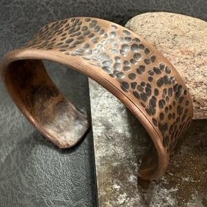 Brutalist Modernist Men's Dimple Hammered Thick Pure Copper Cuff Bracelet Viking
